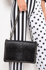 Black Faux Croc Chain Detail Bag - Makaila-Bags