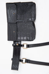 Black Faux Croc Double Pouch Belt Bag - Raffaela-Belts