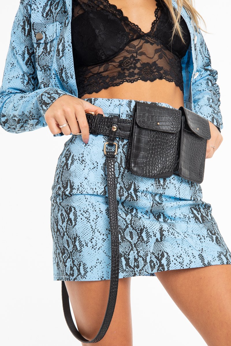 Black Faux Croc Double Pouch Belt Bag - Raffaela-Belts