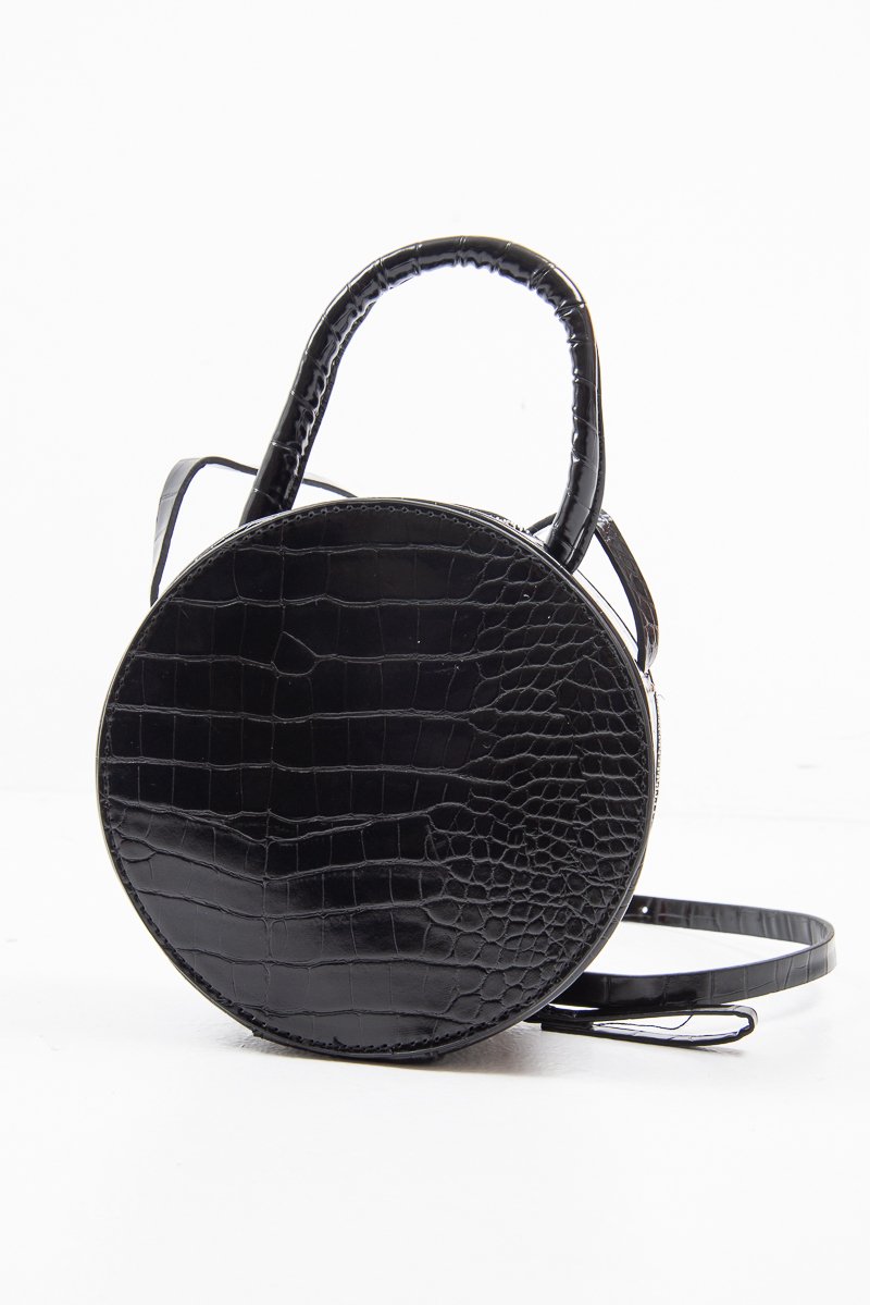 Black Faux Croc Handle Round Cross Body Bag - Lashea-Bags