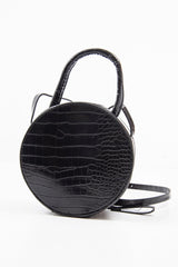 Black Faux Croc Handle Round Cross Body Bag - Lashea-Bags