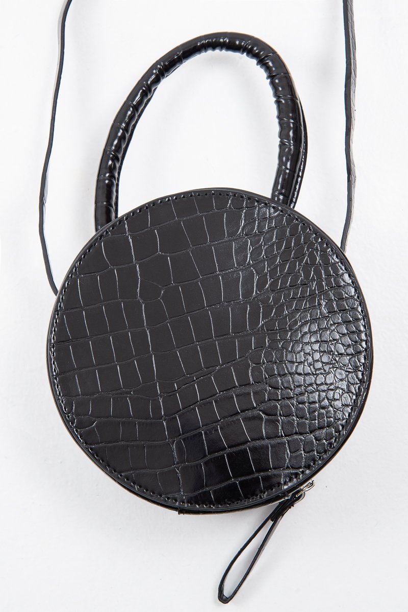 Black Faux Croc Handle Round Cross Body Bag - Lashea-Bags