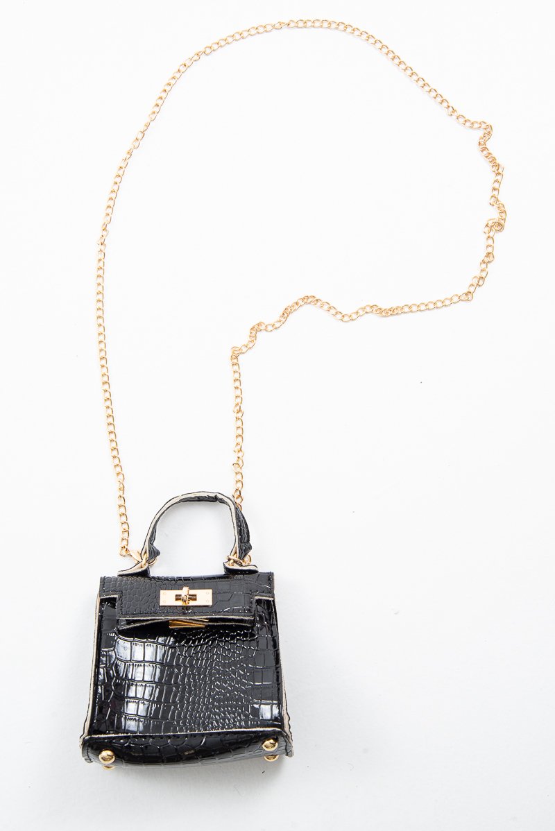 Black Faux Croc Mini Handbag - Ramie-Bags