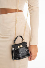 Black Faux Croc Mini Handbag - Ramie-Bags
