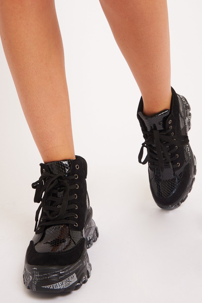 Black Faux Croc Patent Slogan Printed Sole Boots - Maddyson-Boots