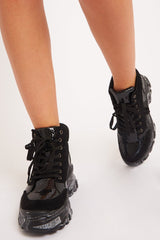 Black Faux Croc Patent Slogan Printed Sole Boots - Maddyson-Boots