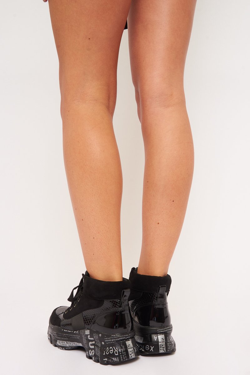 Black Faux Croc Patent Slogan Printed Sole Boots - Maddyson-Boots