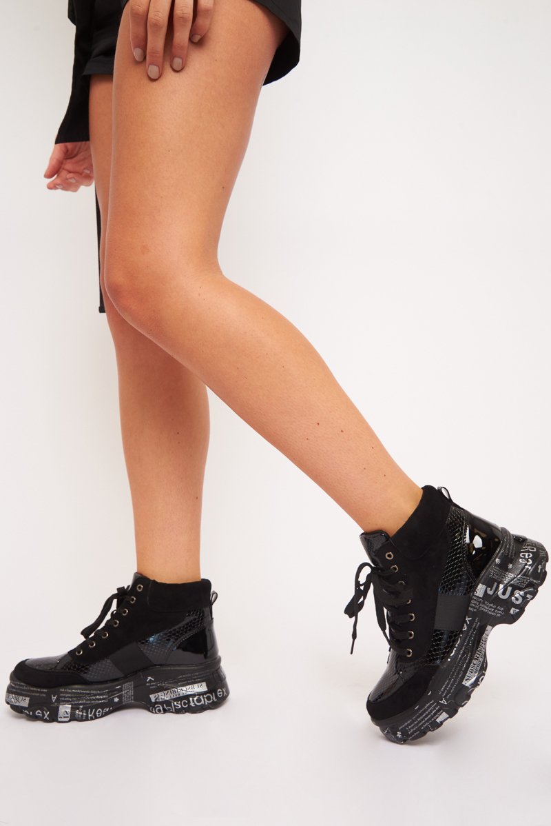 Black Faux Croc Patent Slogan Printed Sole Boots - Maddyson-Boots