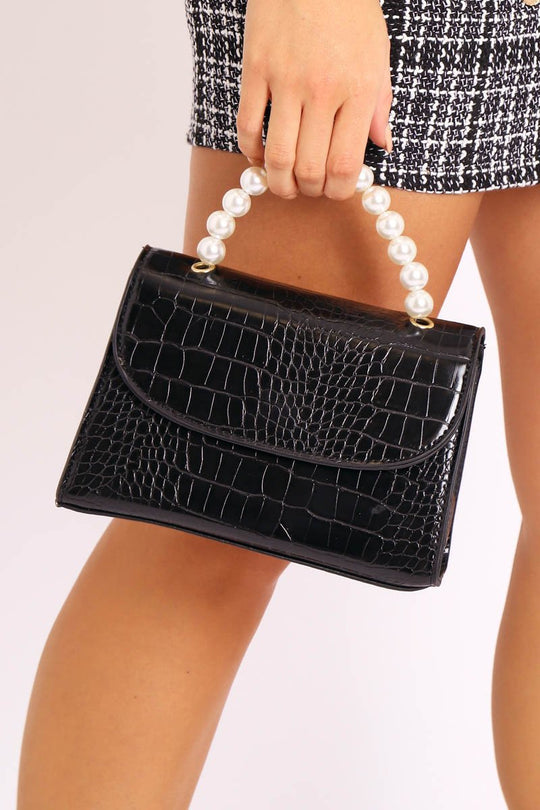 Black Faux Croc Pearl Top Handle Bag - Kallen