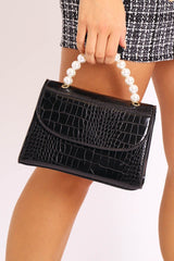 Black Faux Croc Pearl Top Handle Bag - Kallen-Bags