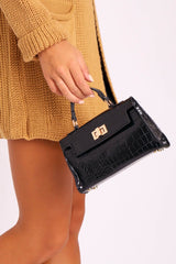 Black Faux Croc Rectangle Gold Clasp Bag - Lani-Bags