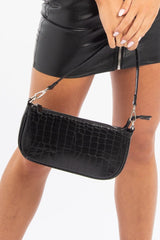 Black Faux Croc Shoulder Strap Bag - Aalyssa-Bags