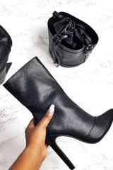 Black Faux Croc Slim Heel Pointed Boots - Gabrielle-Boots