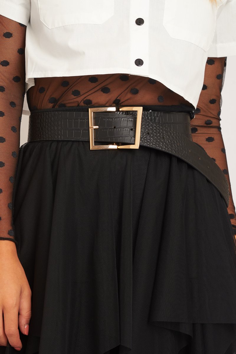 Black Faux Croc Square Buckle Belt - Syiah-Accessories