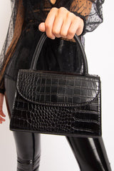 Black Faux Croc Top Handle Bag - Lauran-Bags