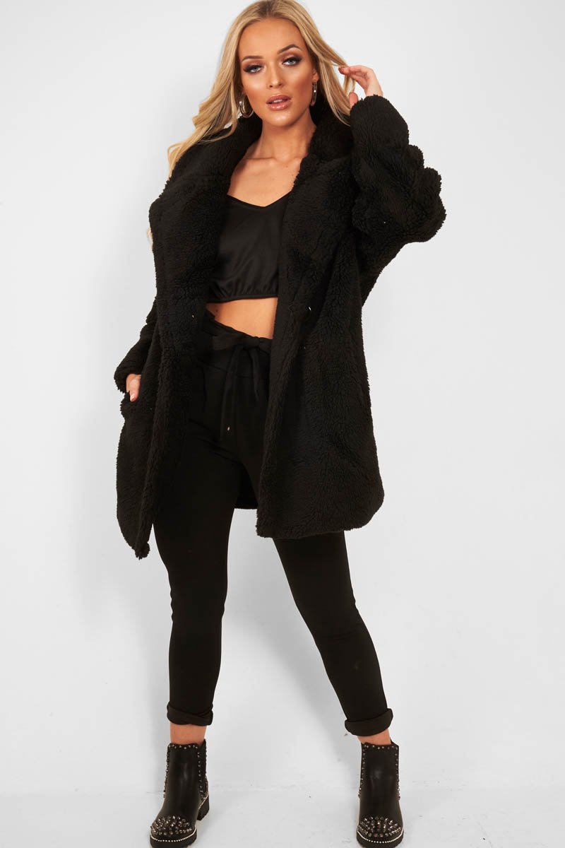 Black Faux Fur Button Front Teddy Coat - Aamna-Coats