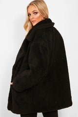 Black Faux Fur Button Front Teddy Coat - Aamna-Coats