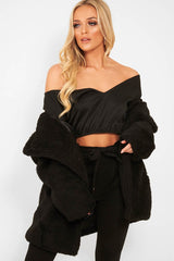 Black Faux Fur Button Front Teddy Coat - Aamna-Coats