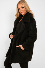 Black Faux Fur Button Front Teddy Coat - Aamna-Coats