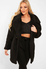 Black Faux Fur Button Front Teddy Coat - Aamna-Coats