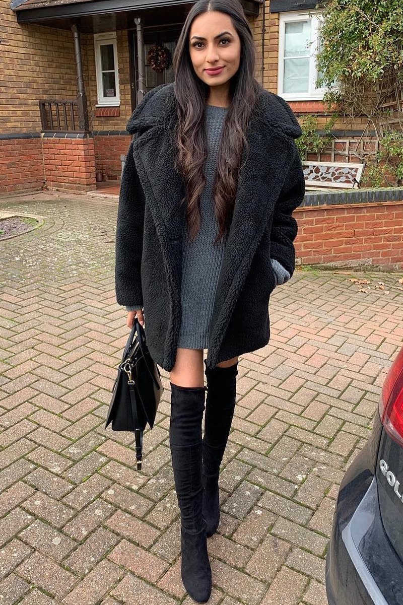 Black Faux Fur Button Front Teddy Coat - Aamna-Coats