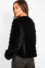Black Faux Fur Collarless Bubble Coat - Madyn-Coats
