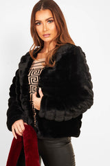 Black Faux Fur Collarless Bubble Coat - Madyn-Coats