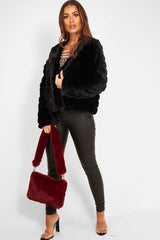 Black Faux Fur Collarless Bubble Coat - Madyn-Coats