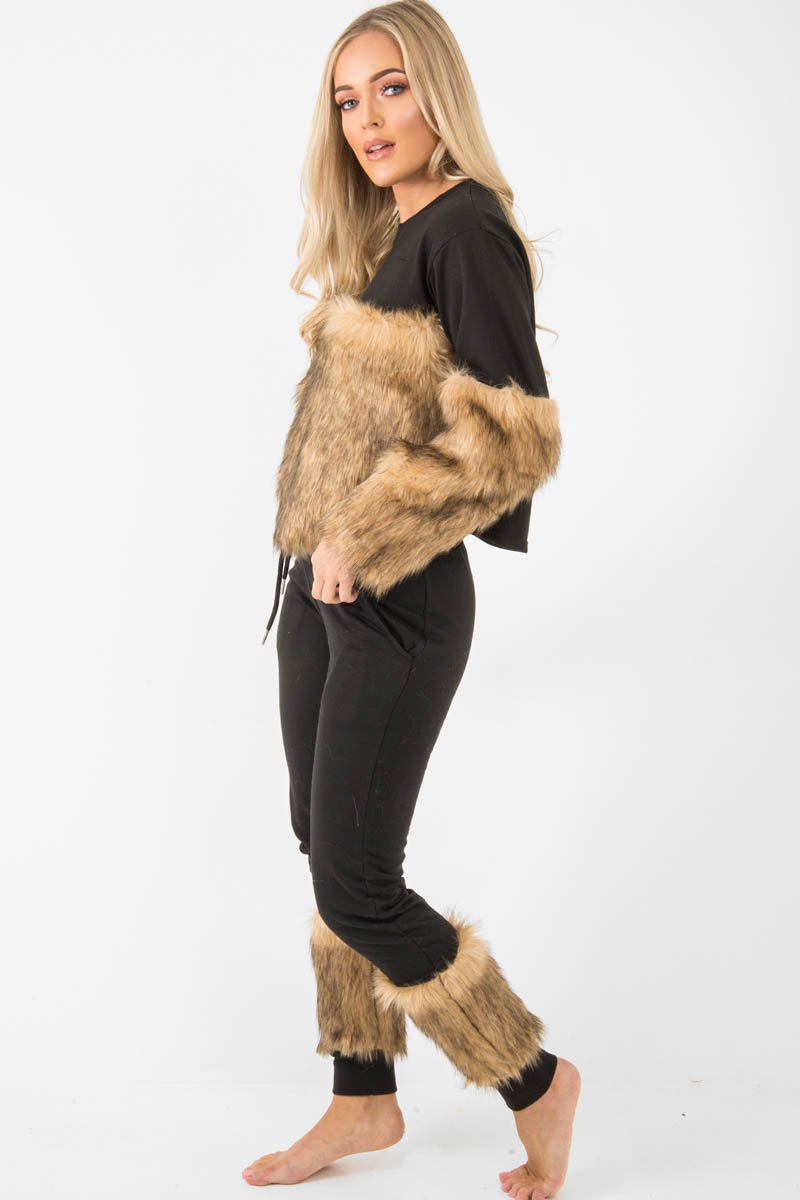 Black Faux Fur Front Tracksuit - Tabitha-Loungewear