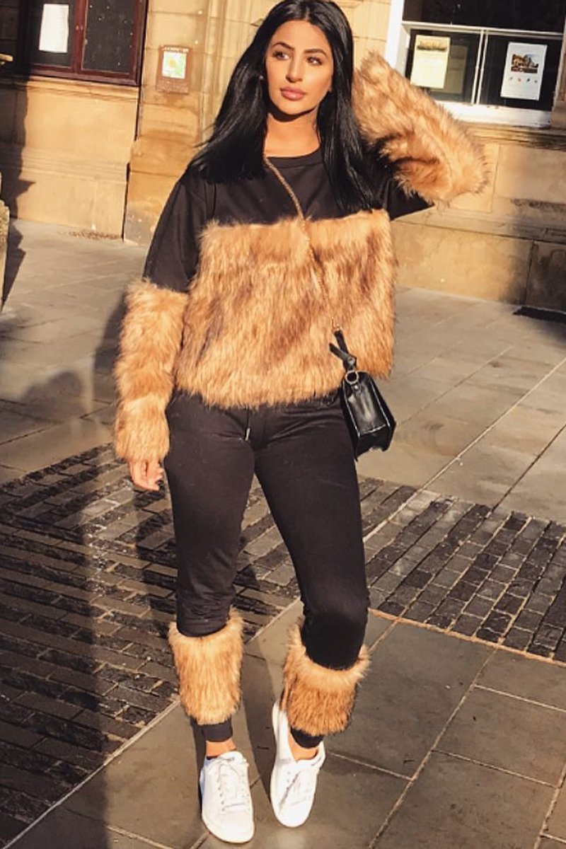Black Faux Fur Front Tracksuit - Tabitha-Loungewear
