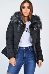 Black Faux Fur Hood Gold Detail Puffer Coat - Rylah-Coats