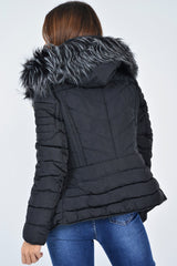 Black Faux Fur Hood Gold Detail Puffer Coat - Rylah-Coats
