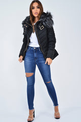 Black Faux Fur Hood Gold Detail Puffer Coat - Rylah-Coats