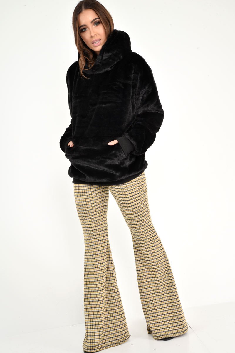 Black Faux Fur Pocket Front Hoodie - Madi-Hoodies