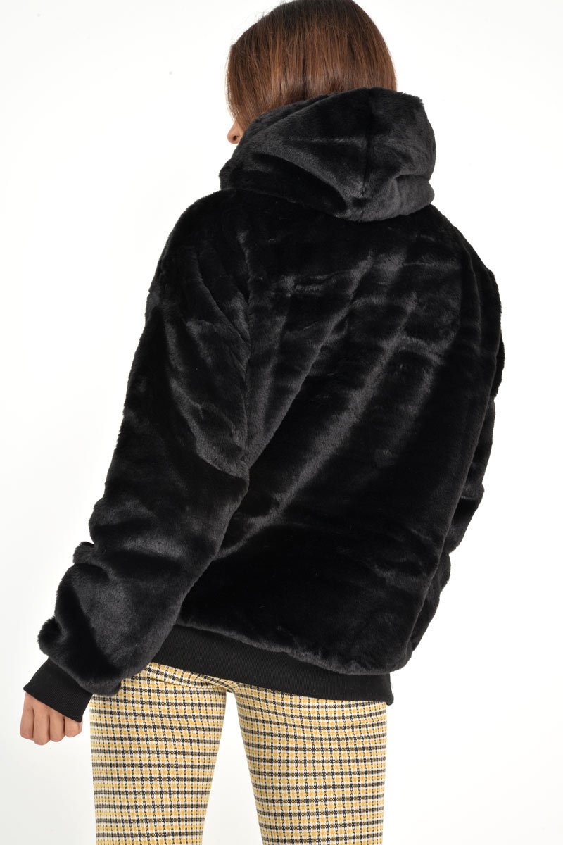 Black Faux Fur Pocket Front Hoodie - Madi-Hoodies