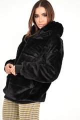 Black Faux Fur Pocket Front Hoodie - Madi-Hoodies