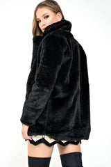 Black Faux Fur Popper Button Coat - Clarisa-Coats