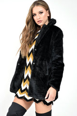 Black Faux Fur Popper Button Coat - Clarisa-Coats
