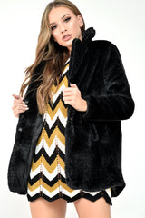 Black Faux Fur Popper Button Coat - Clarisa-Coats