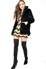 Black Faux Fur Popper Button Coat - Clarisa-Coats
