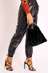 Black Faux Fur Ring Handle Bag - Jashley-Bags