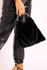 Black Faux Fur Ring Handle Bag - Jashley-Bags