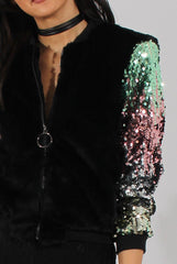 Black Faux Fur Sequined Bomber - Deana-Dresses