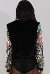 Black Faux Fur Sequined Bomber - Deana-Dresses