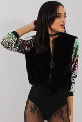Black Faux Fur Sequined Bomber - Deana-Dresses
