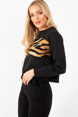 Black Faux Fur Tiger Print Front Cropped Jumper - Suzie-Jumper