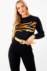 Black Faux Fur Tiger Print Front Cropped Jumper - Suzie-Jumper