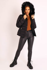 Black Faux Fur Trim Hood Padded Coat - Jessabelle-Coats