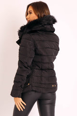 Black Faux Fur Trim Hood Padded Coat - Jessabelle-Coats