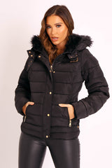 Black Faux Fur Trim Hood Padded Coat - Jessabelle-Coats